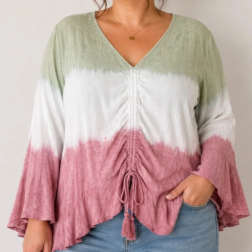 Plus Size 18/20W Boho Tie Dye Blouse Bell Sleeve Ruched Drawstring Peasant Top